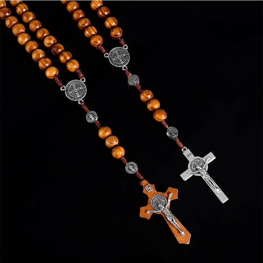 Hand Woven Saint Benedict Medal Antique Wooden Rosary