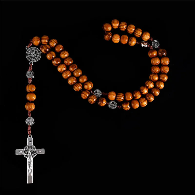 Hand Woven Saint Benedict Medal Antique Wooden Rosary