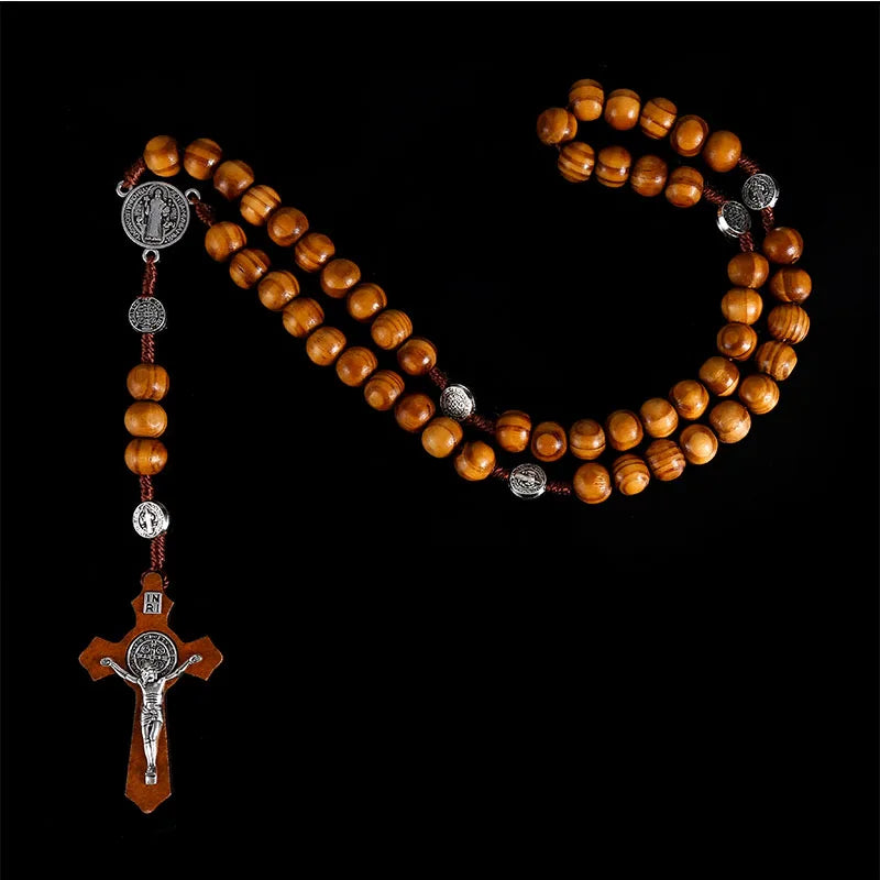 Hand Woven Saint Benedict Medal Antique Wooden Rosary