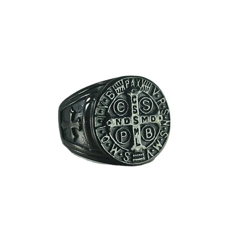 St. Benedict Medal Stainless Steel Ring Rustic Stamp