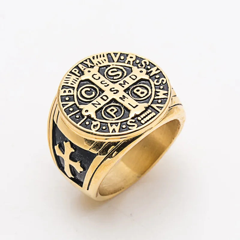 St. Benedict Medal Stainless Steel Ring Rustic Stamp