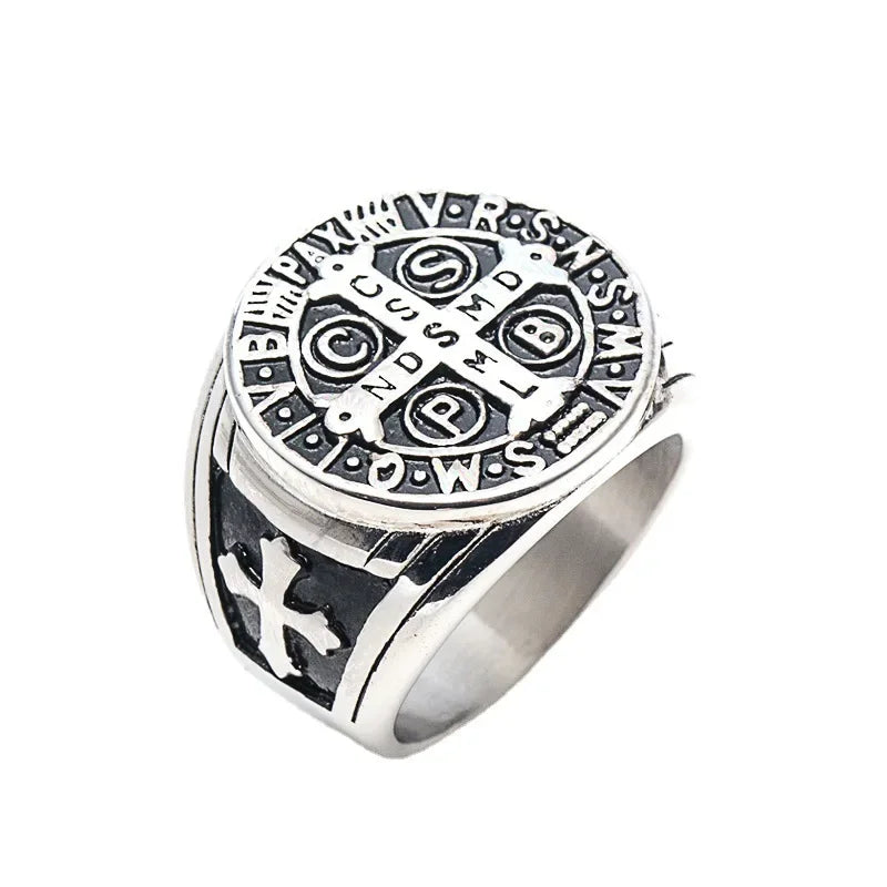 St. Benedict Medal Stainless Steel Ring Rustic Stamp