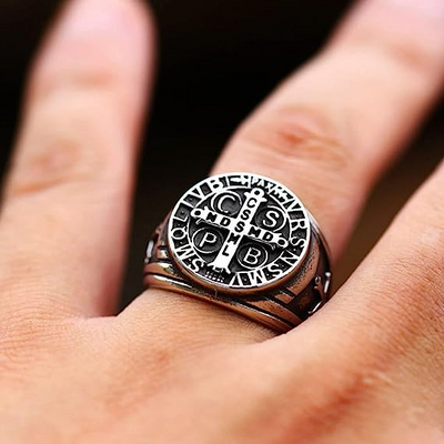 St. Benedict Medal Stainless Steel Ring Rustic Stamp